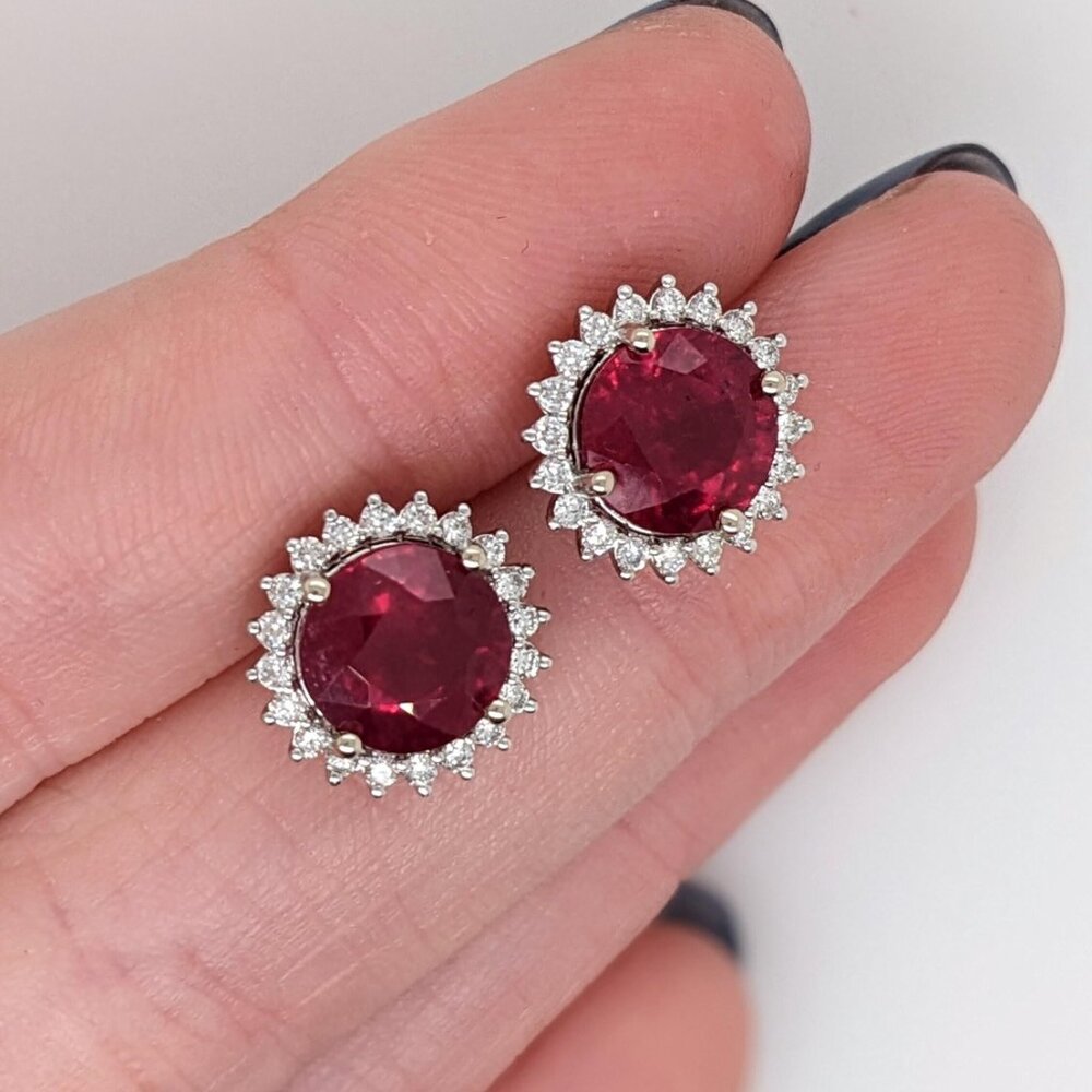 Madagascar Ruby Earrings in Solid 14K White Gold with Natural Diamond Halo - Picture 4 of 10